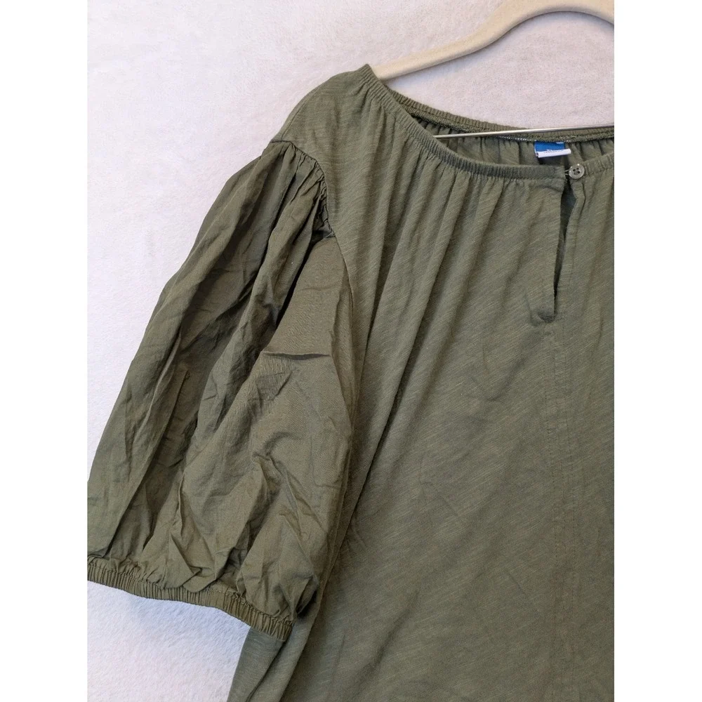 Old Navy Blouse Women's XL Olive‎ Green Puff Sleeve Keyhole Button Relaxed Fit